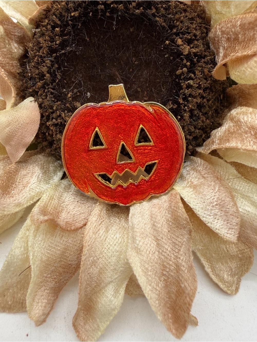 Vintage Orange Pumpkin Jack-O'-Lantern Enamel Brooch - Vintage